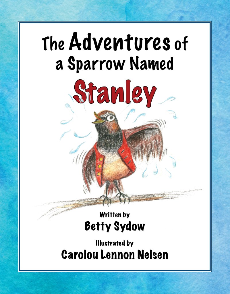 cover: watercolor painting of sparrow wearing red vest, shaking off droplets of water.